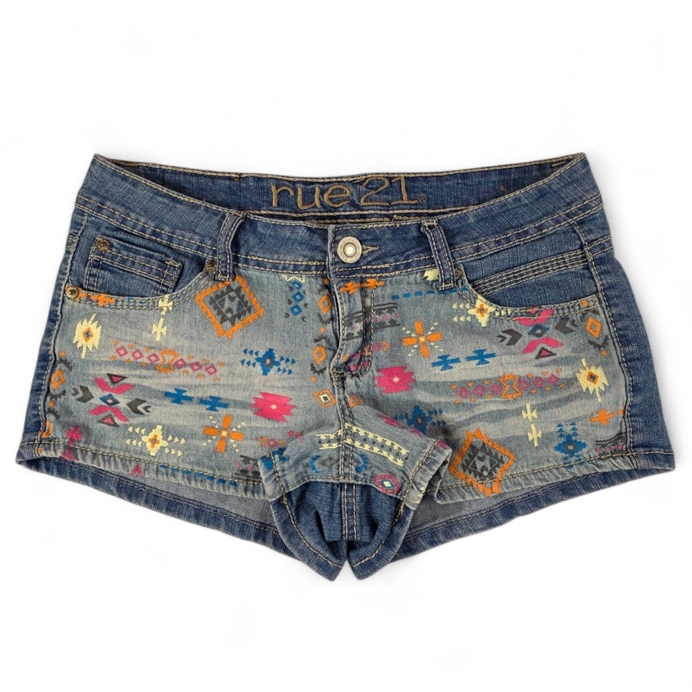 Aztec Print Denim Micro Shorts Cheeky Stretch Boho Festival Y2K Women 5/6
